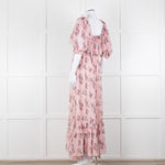 LoveShackFancy Pink Silk Chiffon Flower Print Off The Shoulder Ruffle Maxi Dress
