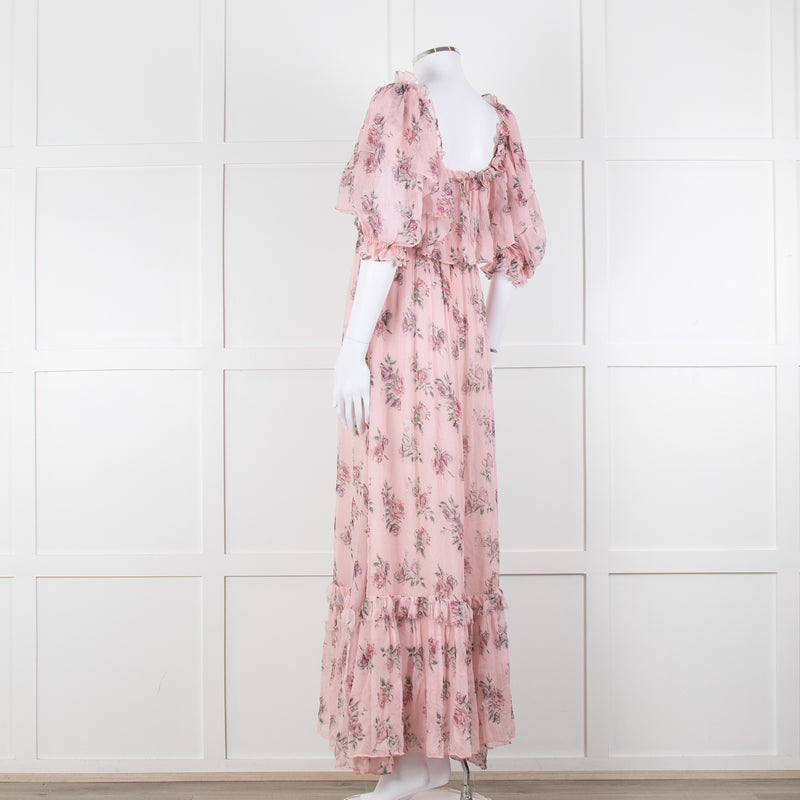 LoveShackFancy Pink Silk Chiffon Flower Print Off The Shoulder Ruffle Maxi Dress