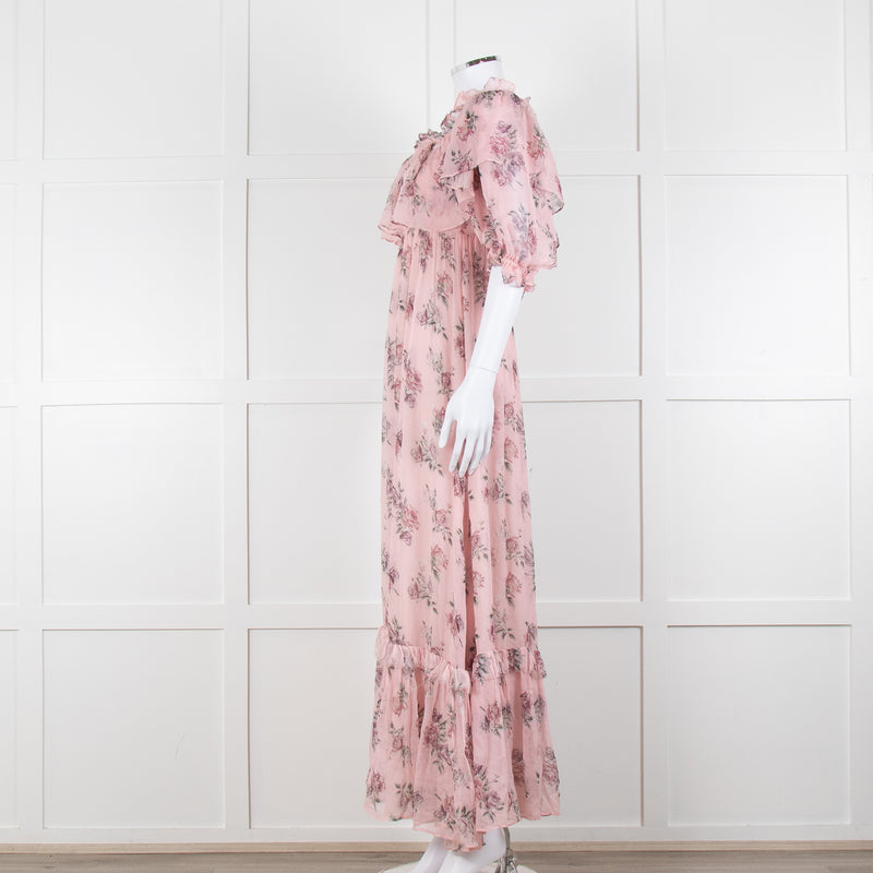 LoveShackFancy Pink Silk Chiffon Flower Print Off The Shoulder Ruffle Maxi Dress