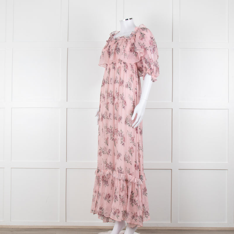 LoveShackFancy Pink Silk Chiffon Flower Print Off The Shoulder Ruffle Maxi Dress