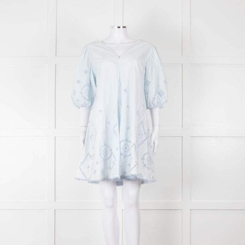 Ganni Pale Blue Cotton Embroidered Puff Sleeve Short Dress