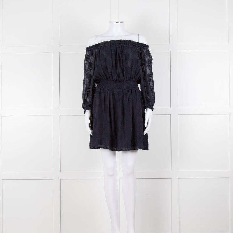 Rebecca Taylor Navy Blue Embroidered Wide Neck Mini Dress