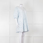 Ganni Pale Blue Cotton Embroidered Puff Sleeve Short Dress