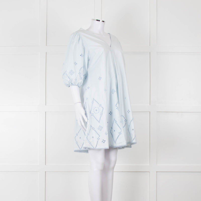 Ganni Pale Blue Cotton Embroidered Puff Sleeve Short Dress