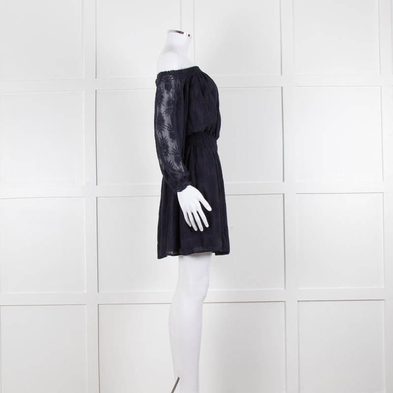 Rebecca Taylor Navy Blue Embroidered Wide Neck Mini Dress