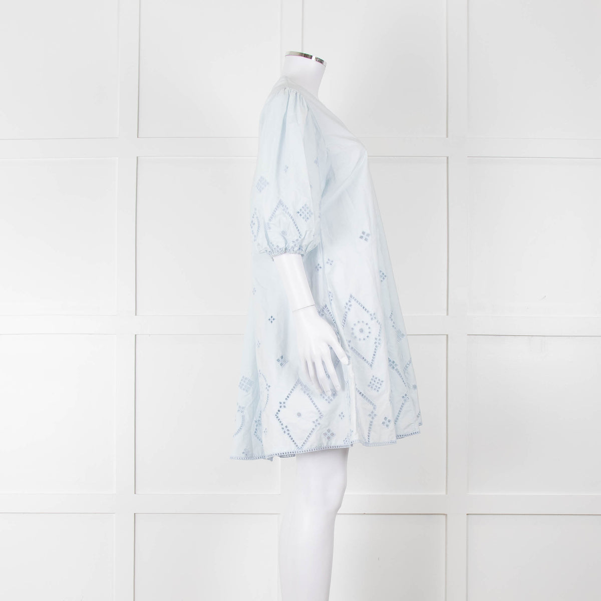 Ganni Pale Blue Cotton Embroidered Puff Sleeve Short Dress