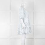 Ganni Pale Blue Cotton Embroidered Puff Sleeve Short Dress