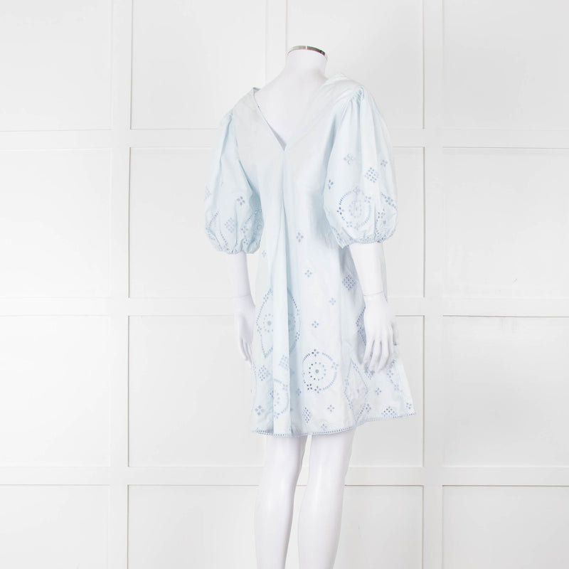 Ganni Pale Blue Cotton Embroidered Puff Sleeve Short Dress
