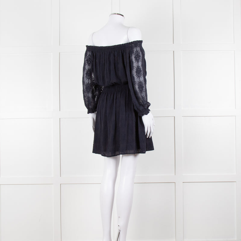 Rebecca Taylor Navy Blue Embroidered Wide Neck Mini Dress