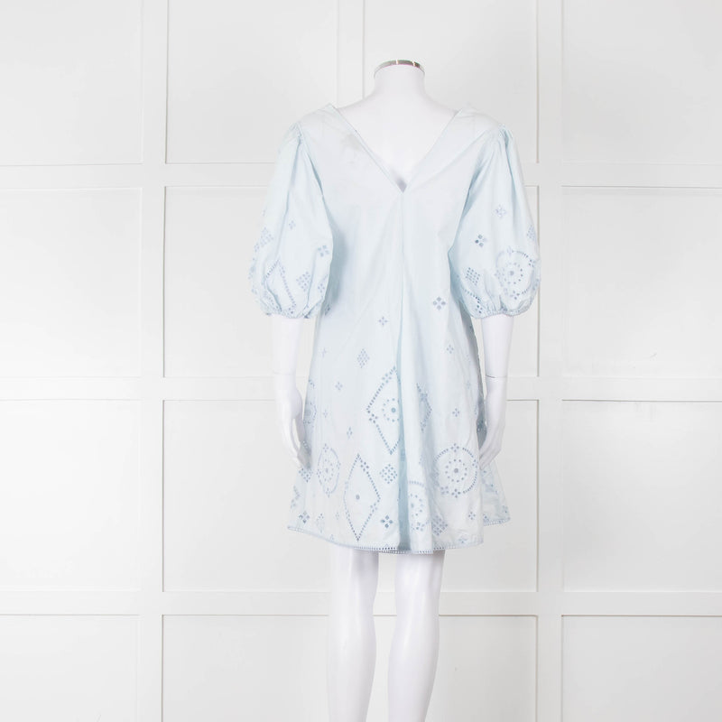 Ganni Pale Blue Cotton Embroidered Puff Sleeve Short Dress