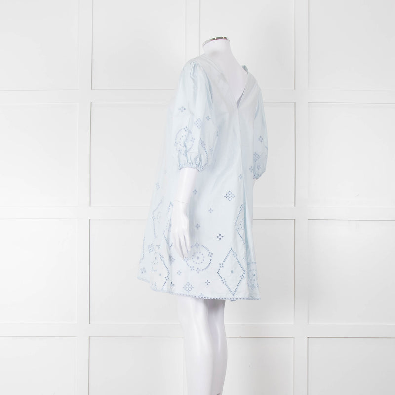 Ganni Pale Blue Cotton Embroidered Puff Sleeve Short Dress
