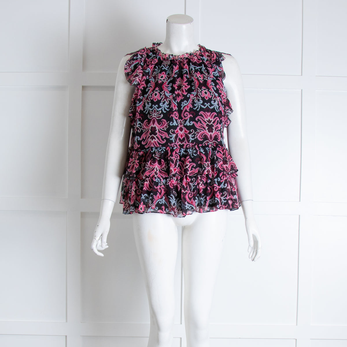 Kate Spade Black Pink Floral Frill Detail Silk Top