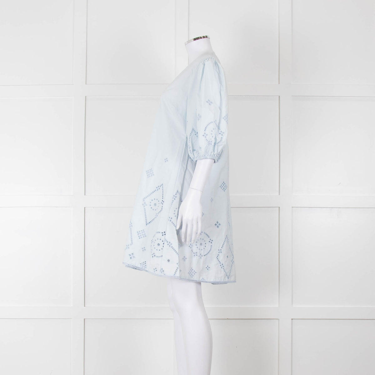 Ganni Pale Blue Cotton Embroidered Puff Sleeve Short Dress