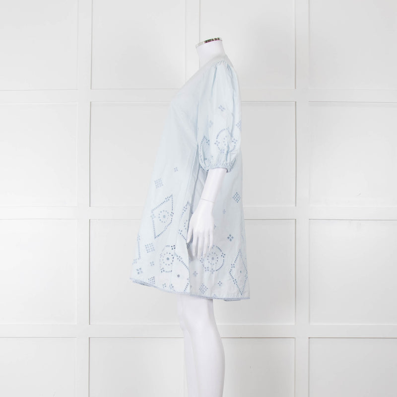 Ganni Pale Blue Cotton Embroidered Puff Sleeve Short Dress