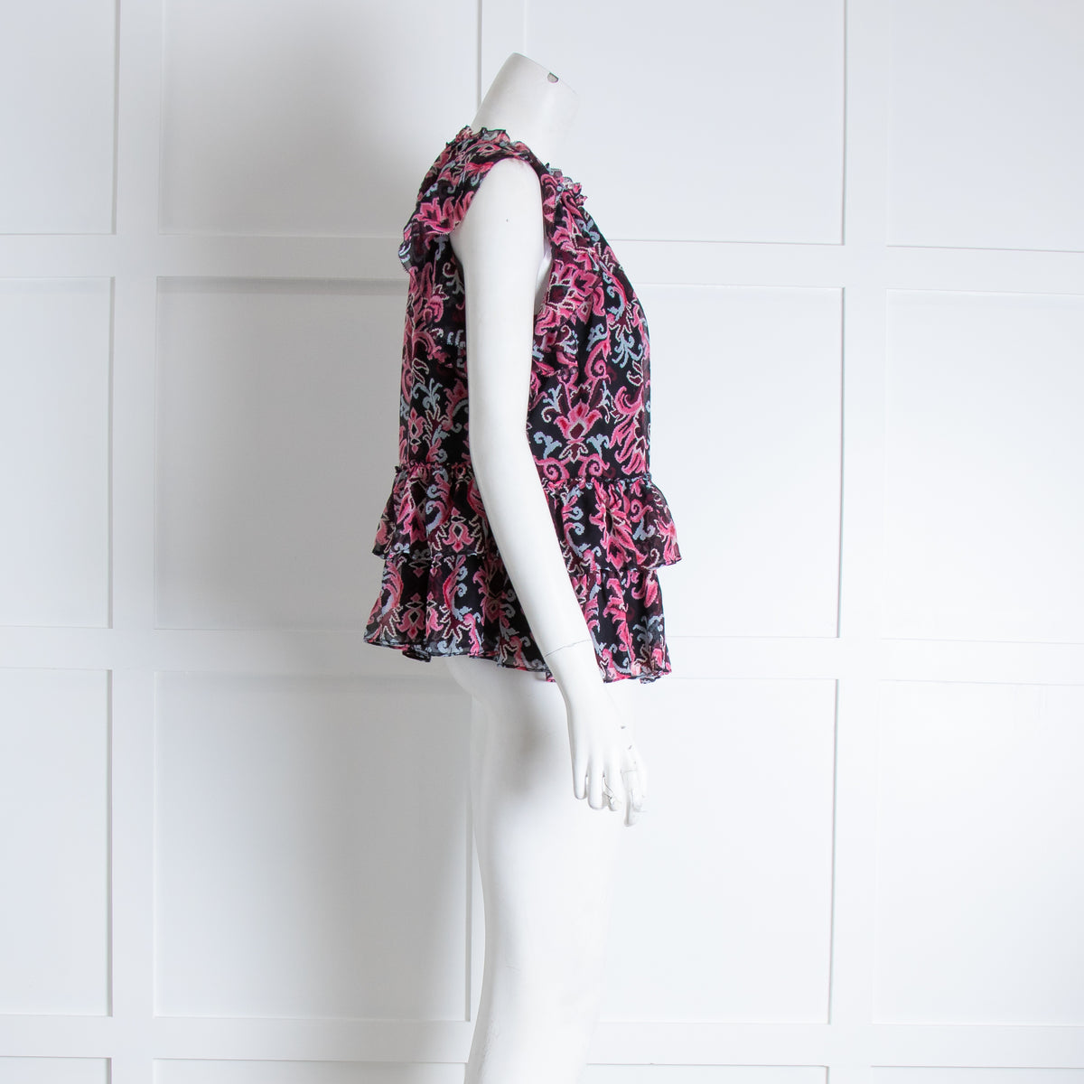 Kate Spade Black Pink Floral Frill Detail Silk Top