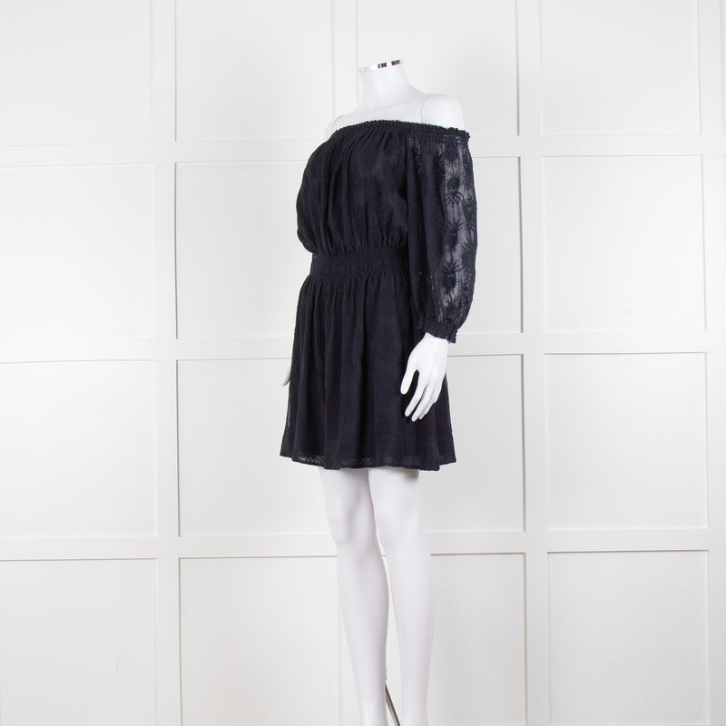 Rebecca Taylor Navy Blue Embroidered Wide Neck Mini Dress