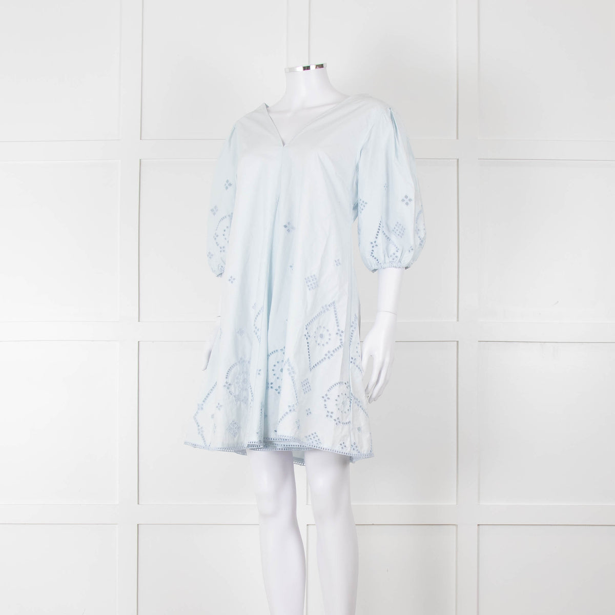 Ganni Pale Blue Cotton Embroidered Puff Sleeve Short Dress
