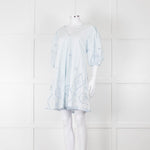 Ganni Pale Blue Cotton Embroidered Puff Sleeve Short Dress