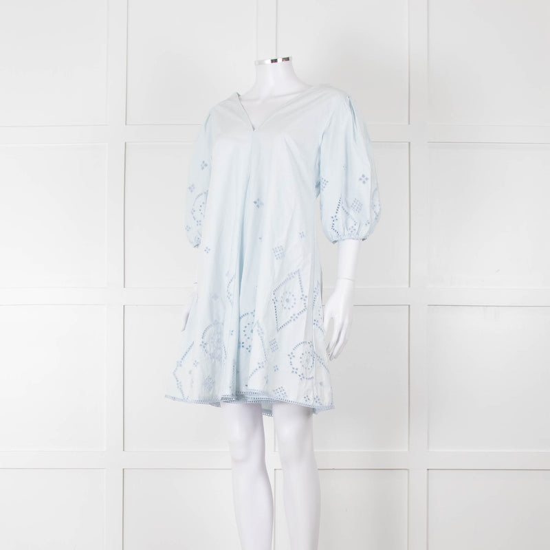 Ganni Pale Blue Cotton Embroidered Puff Sleeve Short Dress