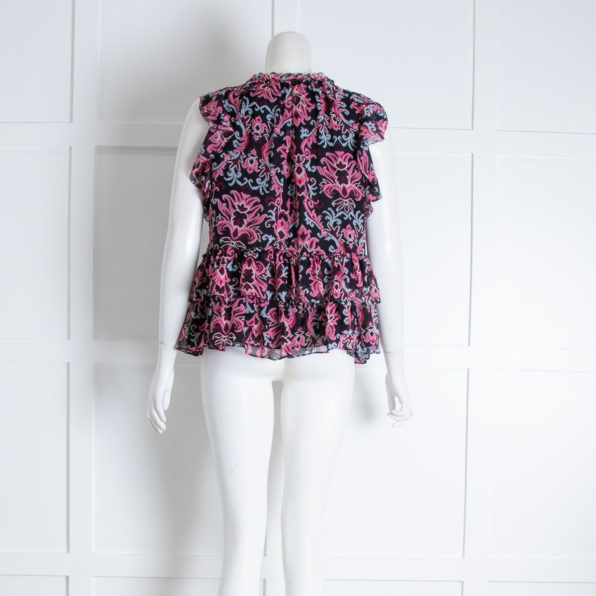 Kate Spade Black Pink Floral Frill Detail Silk Top