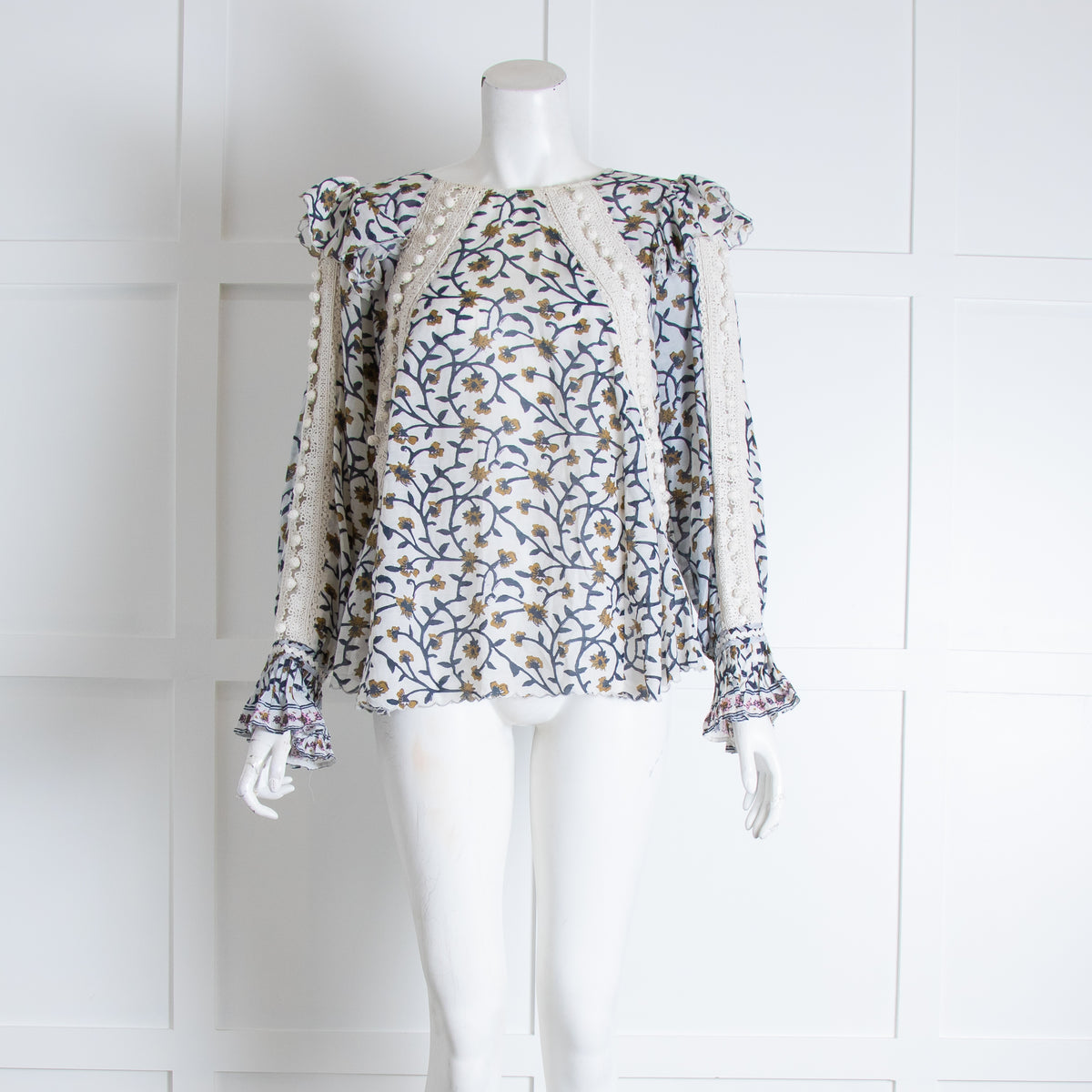 Sea New York White Blue Floral Crochet Trim Long Sleeve Top