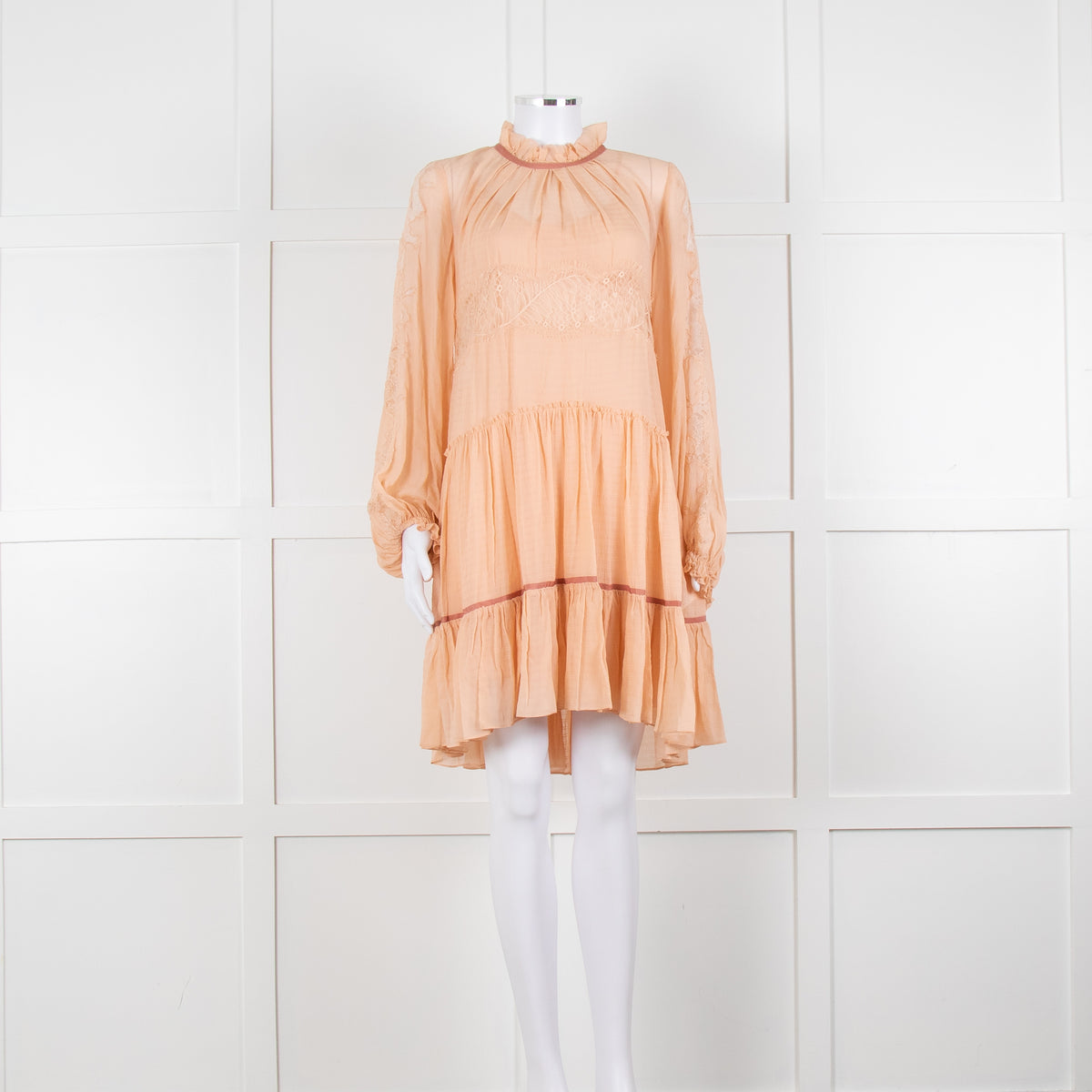 3.1 Philip Lim Peach Silk Lace Detail Tiered Short Dress With Slip