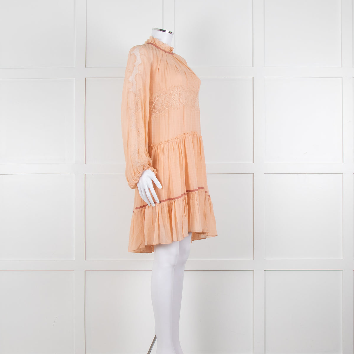 3.1 Philip Lim Peach Silk Lace Detail Tiered Short Dress With Slip