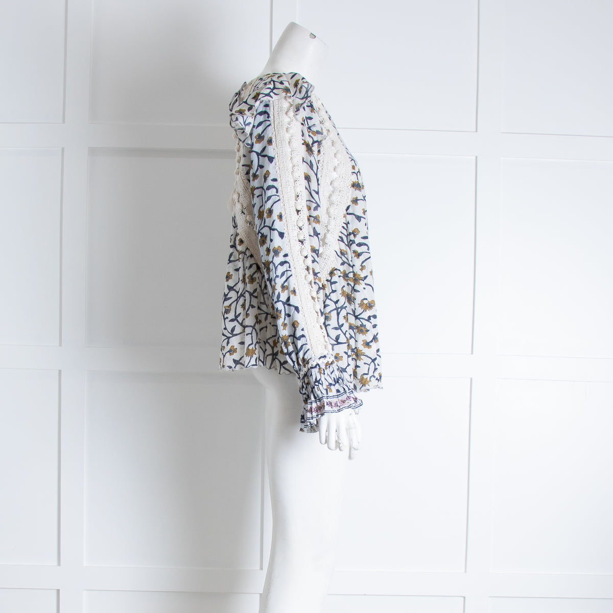 Sea New York White Blue Floral Crochet Trim Long Sleeve Top