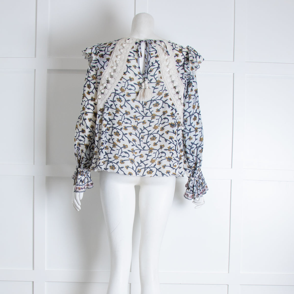 Sea New York White Blue Floral Crochet Trim Long Sleeve Top