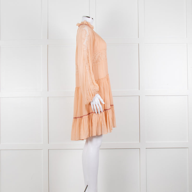 3.1 Philip Lim Peach Silk Lace Detail Tiered Short Dress With Slip
