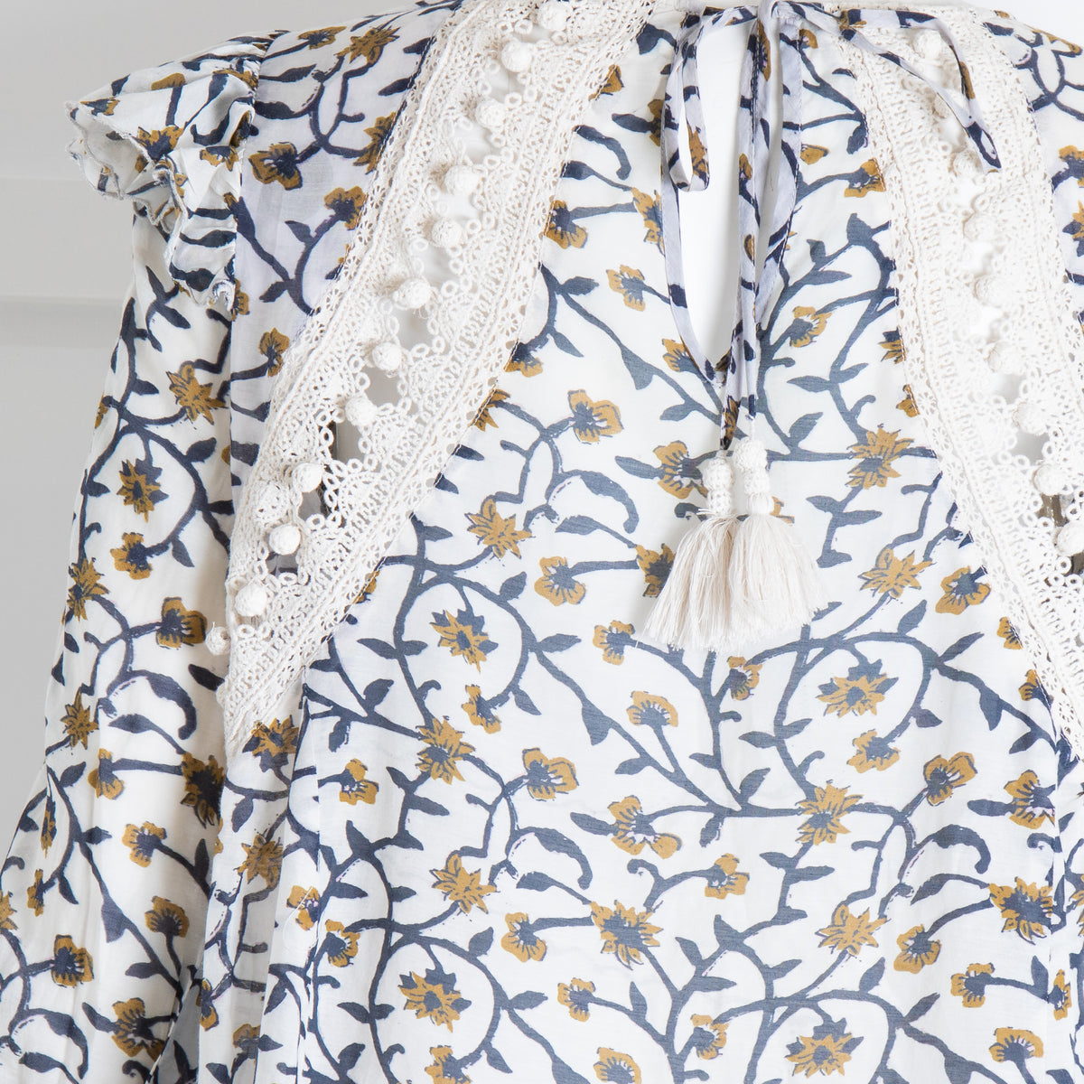 Sea New York White Blue Floral Crochet Trim Long Sleeve Top