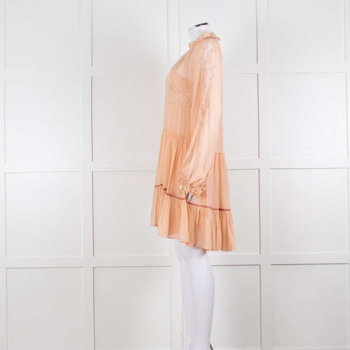 3.1 Philip Lim Peach Silk Lace Detail Tiered Short Dress With Slip