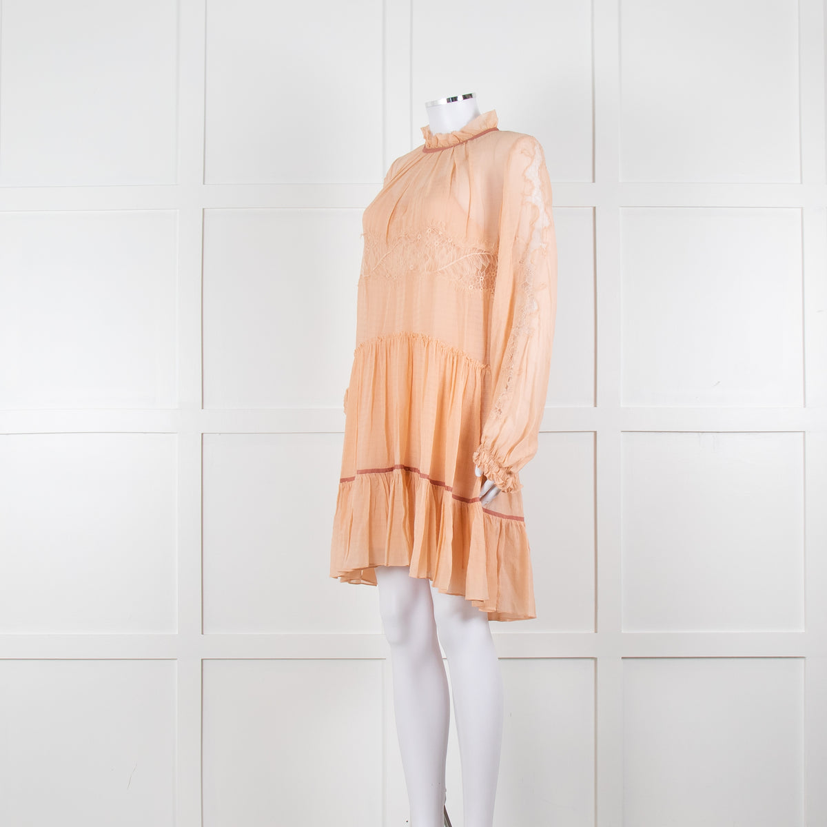3.1 Philip Lim Peach Silk Lace Detail Tiered Short Dress With Slip