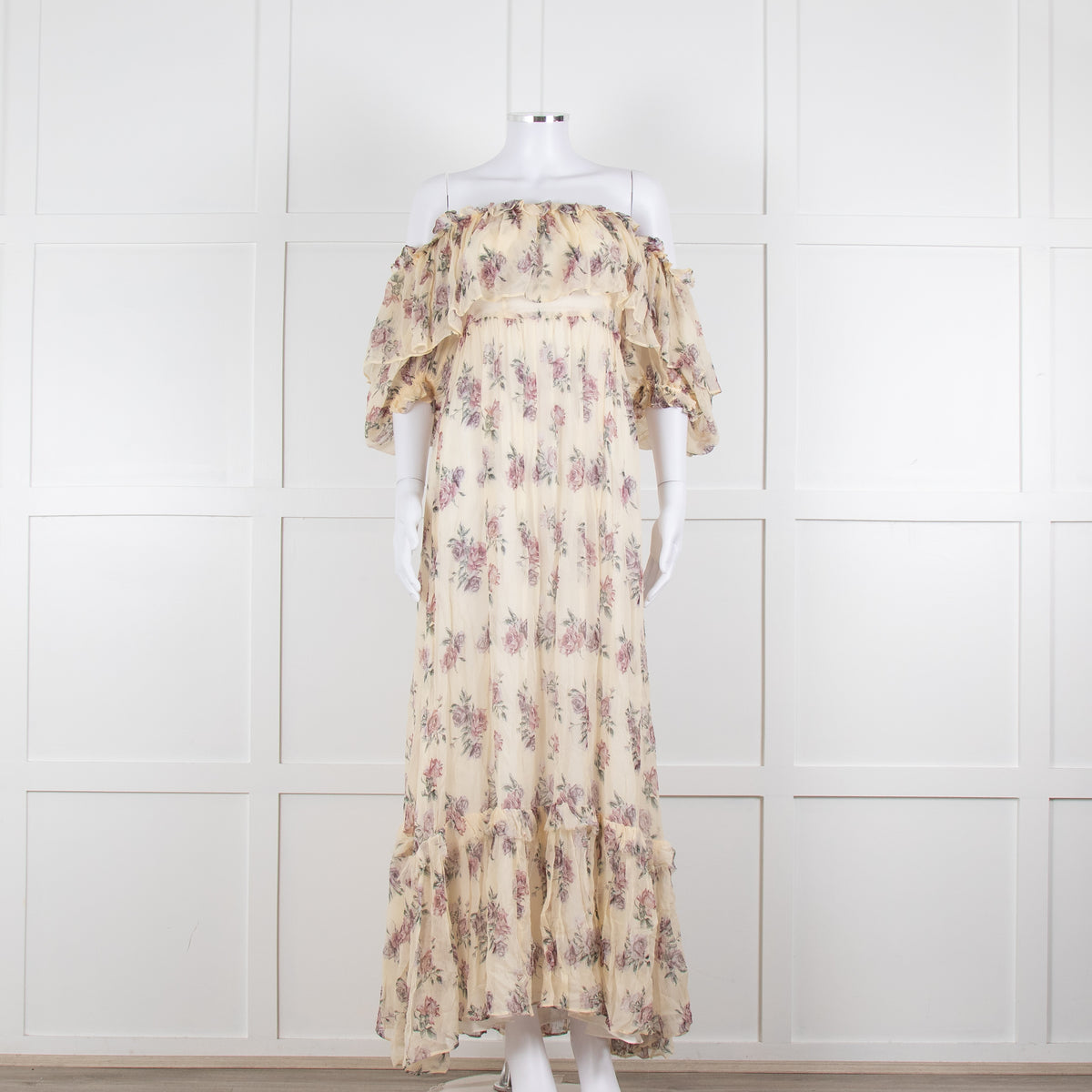 LoveShackFancy Cream Purple Chiffon Off The Shoulder Maxi Dress