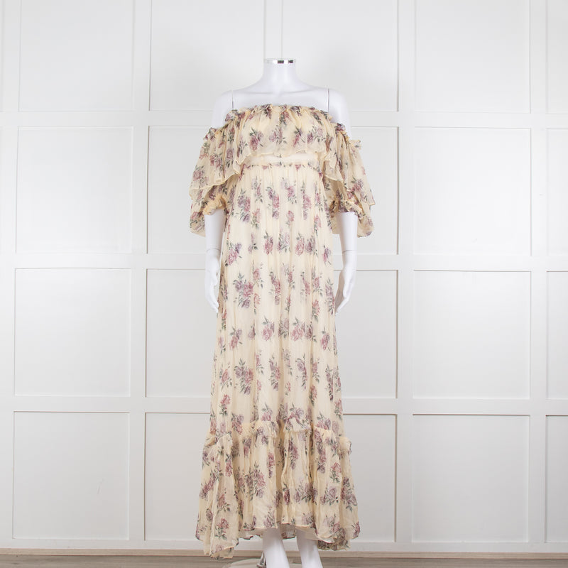 LoveShackFancy Cream Purple Chiffon Off The Shoulder Maxi Dress