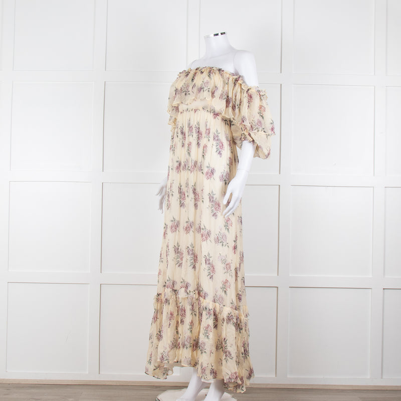 LoveShackFancy Cream Purple Chiffon Off The Shoulder Maxi Dress