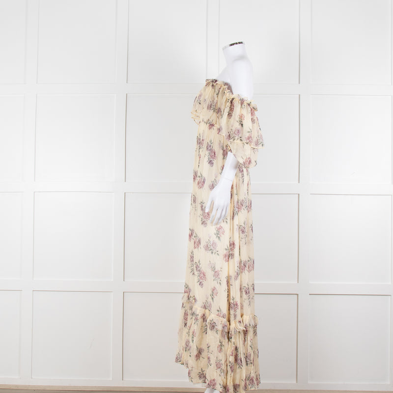 LoveShackFancy Cream Purple Chiffon Off The Shoulder Maxi Dress