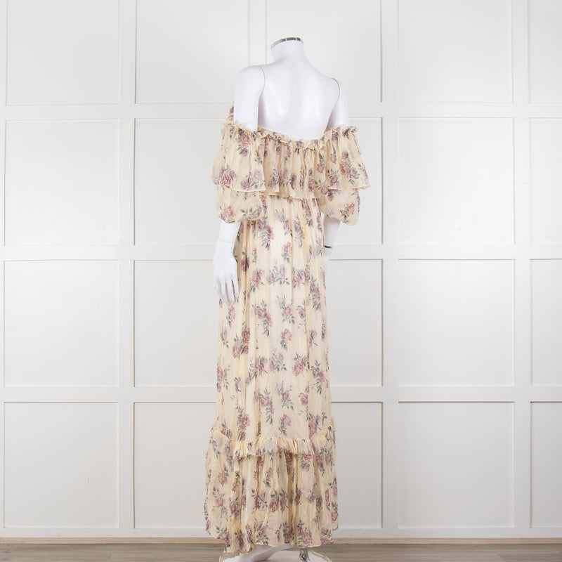 LoveShackFancy Cream Purple Chiffon Off The Shoulder Maxi Dress