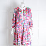ME EM White Pink Floral White Collar Belted Dress