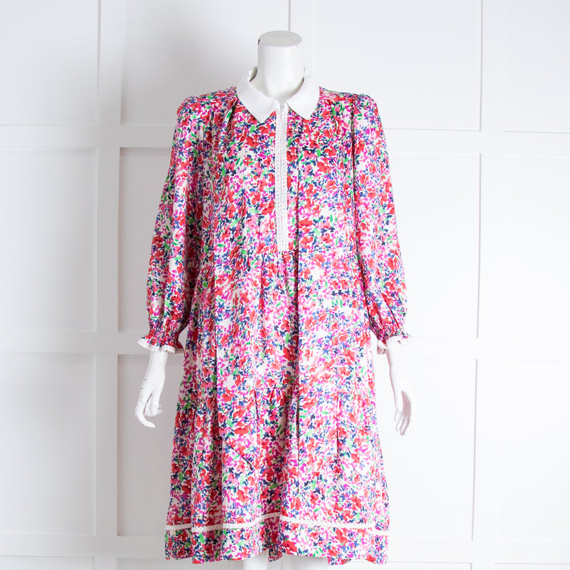 ME EM White Pink Floral White Collar Belted Dress