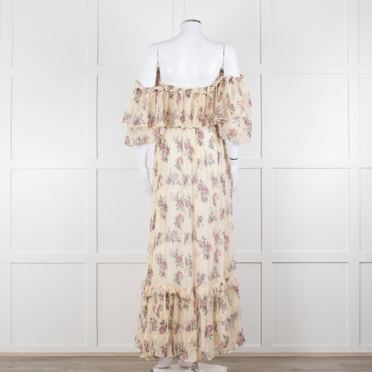 LoveShackFancy Cream Purple Chiffon Off The Shoulder Maxi Dress
