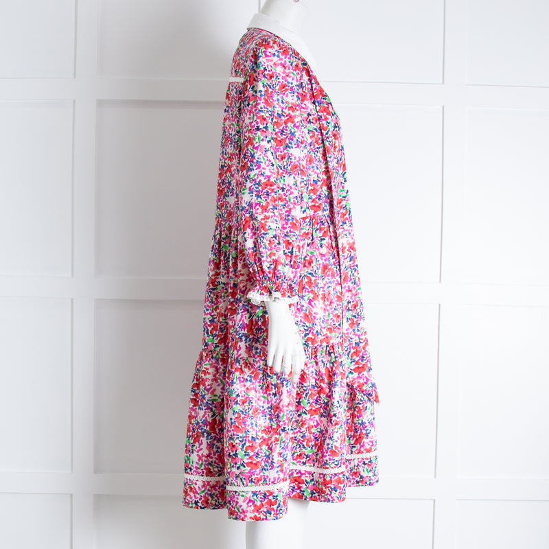 ME EM White Pink Floral White Collar Belted Dress