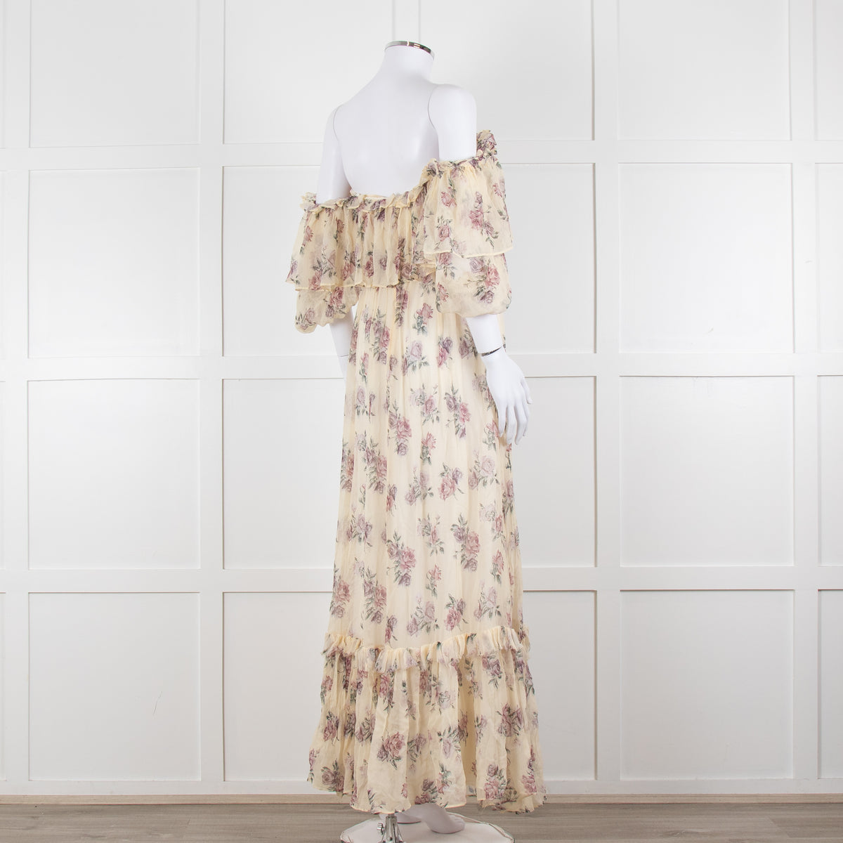 LoveShackFancy Cream Purple Chiffon Off The Shoulder Maxi Dress