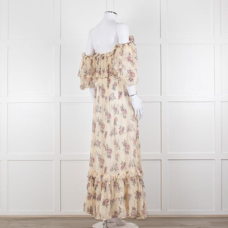 LoveShackFancy Cream Purple Chiffon Off The Shoulder Maxi Dress
