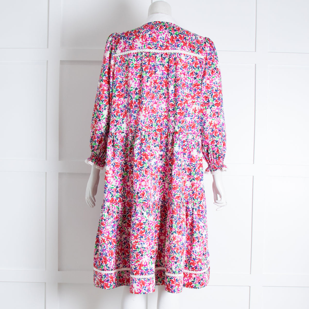 ME EM White Pink Floral White Collar Belted Dress