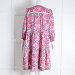 ME EM White Pink Floral White Collar Belted Dress