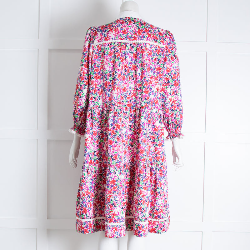 ME EM White Pink Floral White Collar Belted Dress