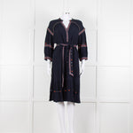 Ba & Sh Navy Blue Orange Embroidered Trim Peasant Belted Dress