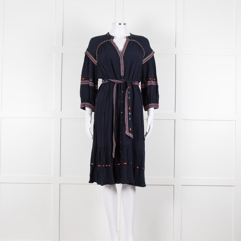 Ba & Sh Navy Blue Orange Embroidered Trim Peasant Belted Dress