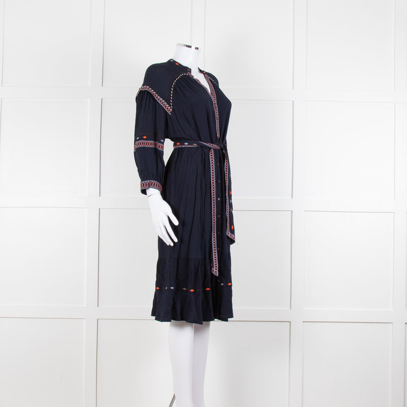Ba & Sh Navy Blue Orange Embroidered Trim Peasant Belted Dress
